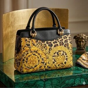 Gianni Versace Animalier Barocco Leopard Medallion Top Handle Vintage COA 90s